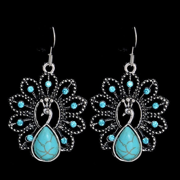 Peacock Drop Earrings Boho Fake Turquoise - Picture 3 of 8